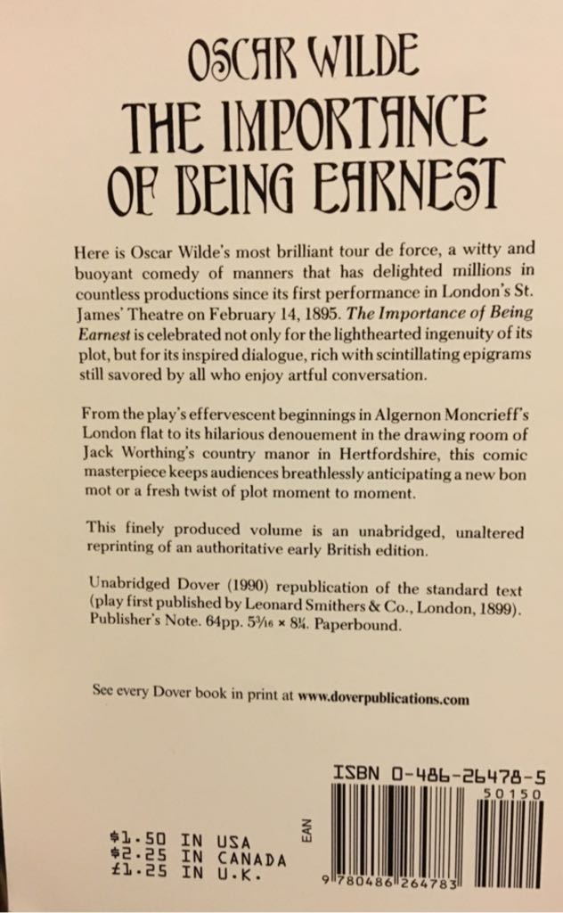The Importance of Being Earnest - Oscar Wilde (Dover Publications, Inc. - Paperback) book collectible [Barcode 9780486264783] - Main Image 2