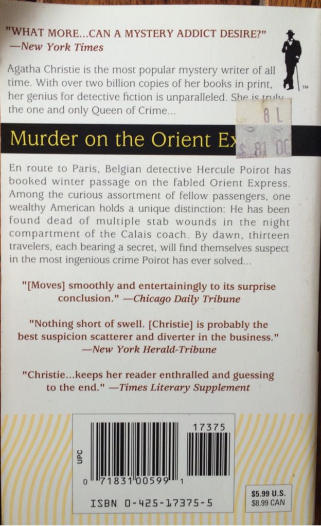 Hercule Poirot #10: Murder on the Orient Express - Agatha Christie (New York : Berkeley Press - Paperback) book collectible [Barcode 9780425173756] - Main Image 2