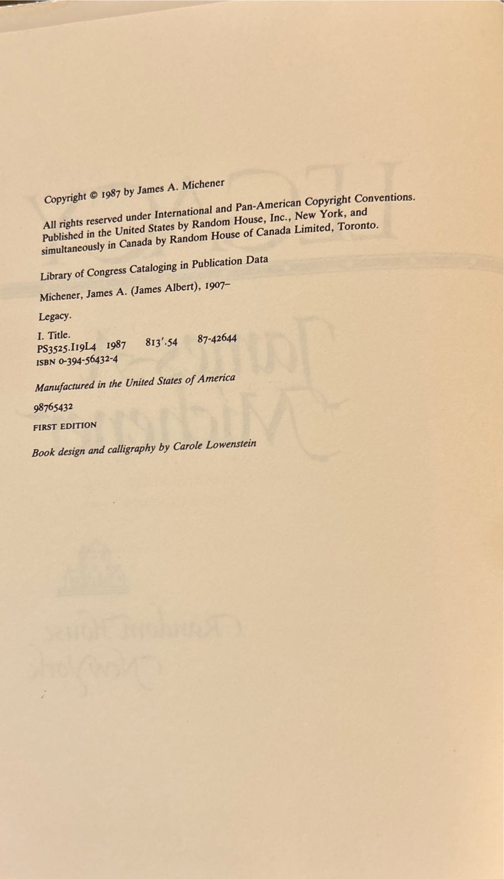Legacy - James A. Michener (Random House Inc - Hardcover) book collectible [Barcode 9780394564326] - Main Image 4
