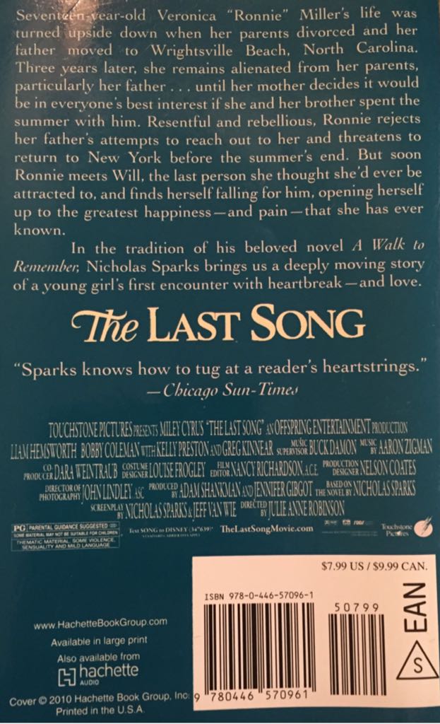 The Last Song - Nicholas Sparks (Grand Central Publishing - Paperback) book collectible [Barcode 9780446570961] - Main Image 2