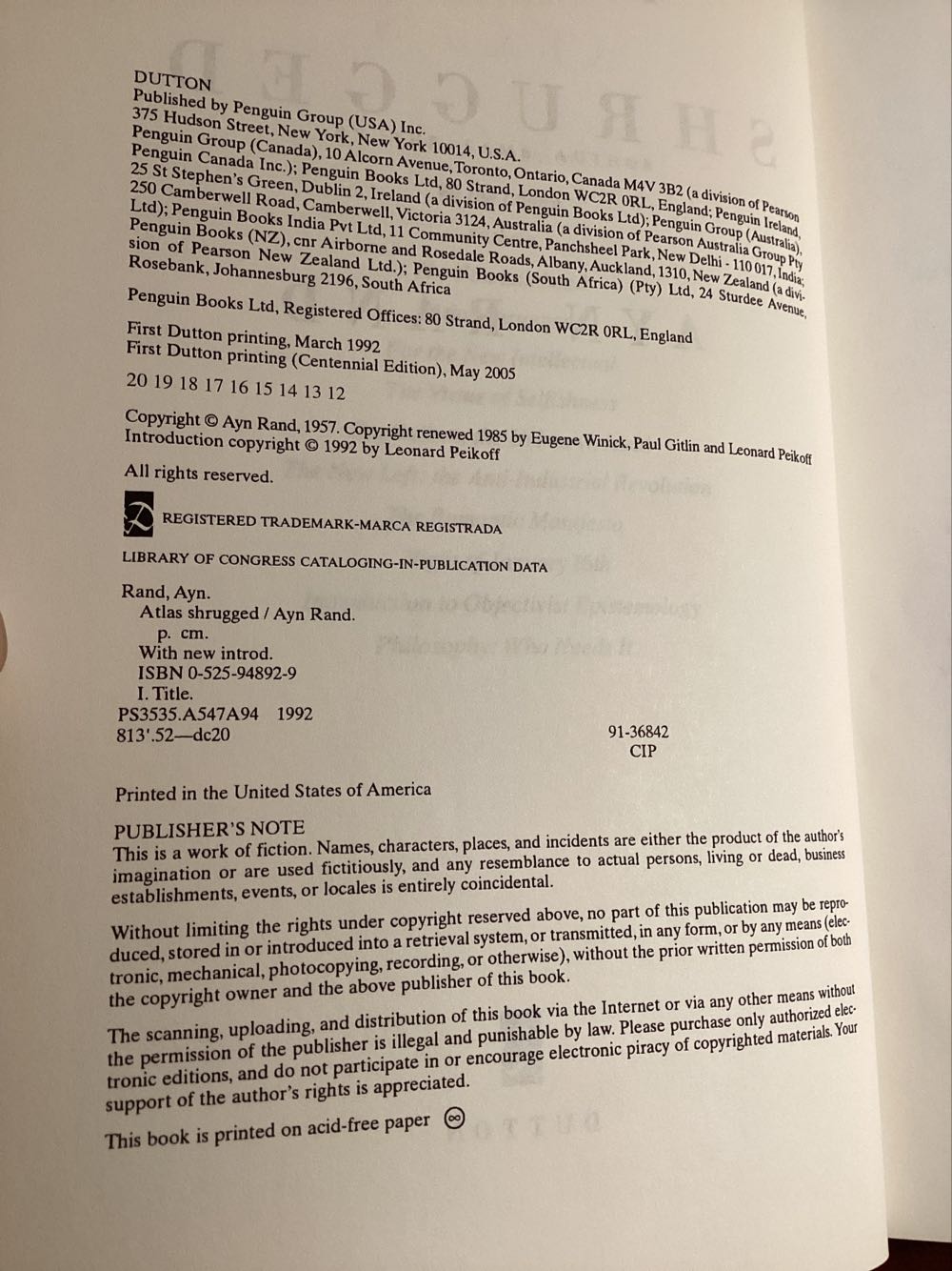 Atlas Shrugged - Ayn Rand (E P Dutton - Hardcover) book collectible [Barcode 9780525948926] - Main Image 2