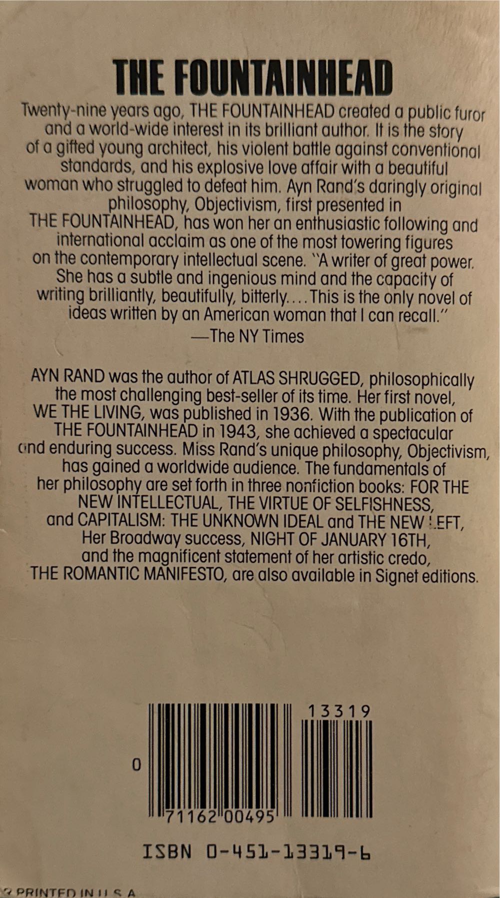The Fountainhead - Ayn Rand (Signet - Paperback) book collectible [Barcode 9780451133199] - Main Image 2