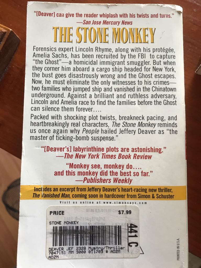 Stone Monkey, The - Jeffery Deaver book collectible - Main Image 2