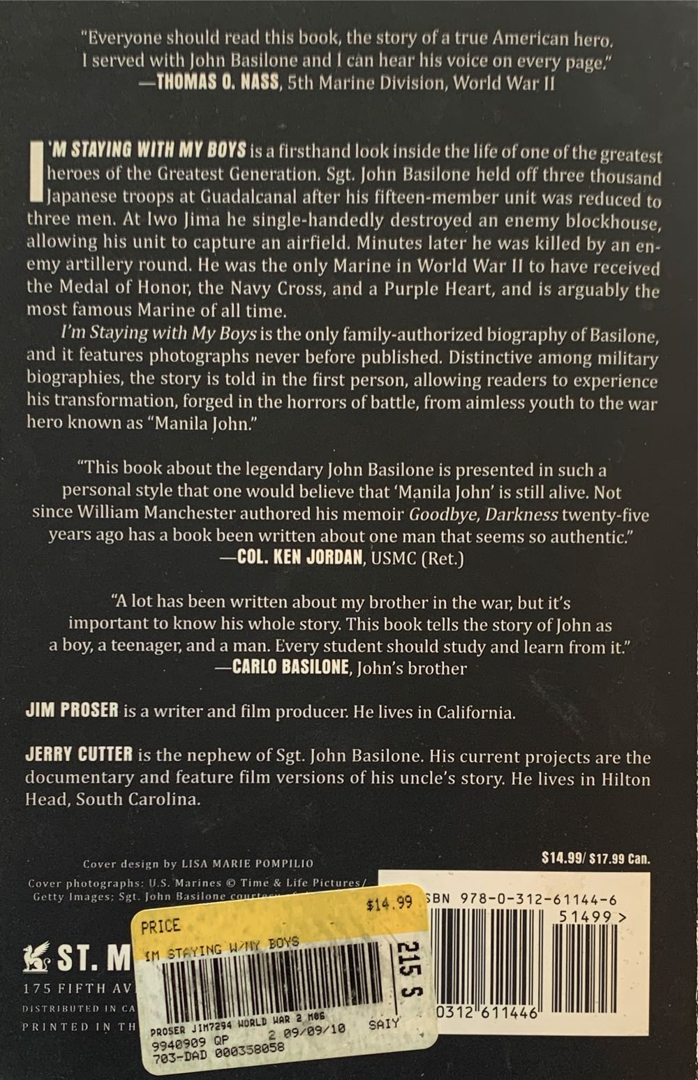 I’m Staying with My Boys; The Heroic Life of Sgt. John Basilone, USMC - Jerry Cutter (- Paperback) book collectible [Barcode 9780312611446] - Main Image 2