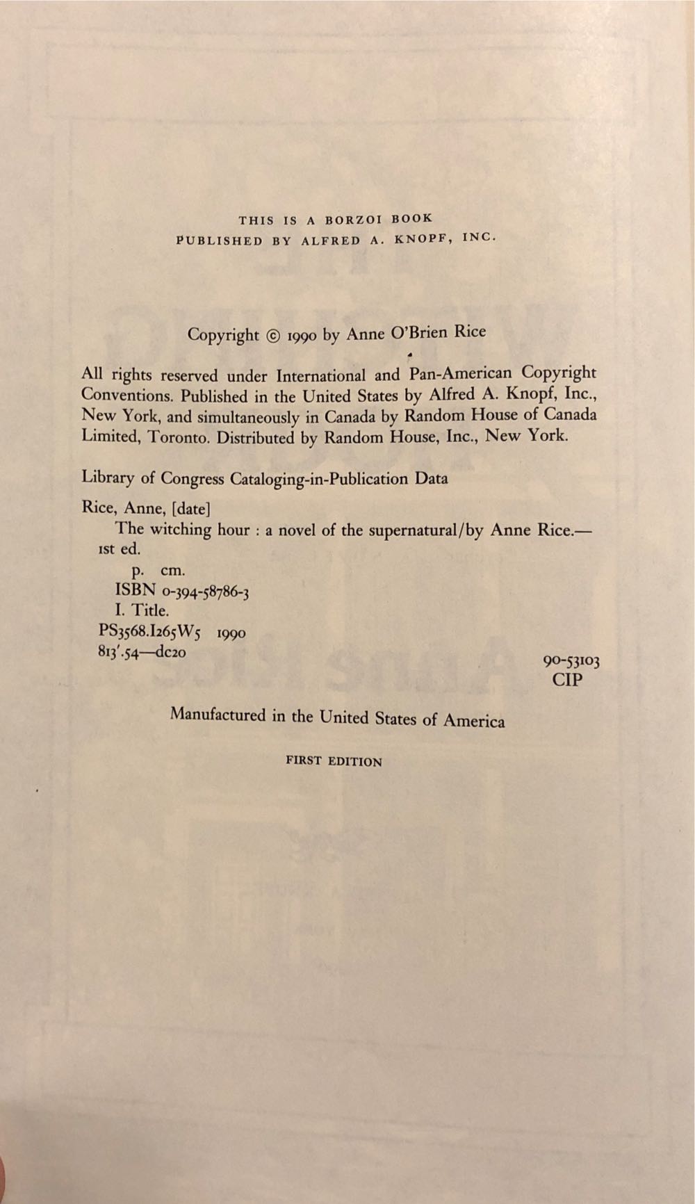 The Witching Hour (First Edition) - Anne Rice (Knopf - Hardcover) book collectible [Barcode 9780394587868] - Main Image 3