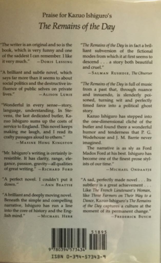 The Remains of the Day - Kazuo Ishiguro (Alfred a Knopf Incorporated - Hardcover) book collectible [Barcode 9780394573434] - Main Image 2