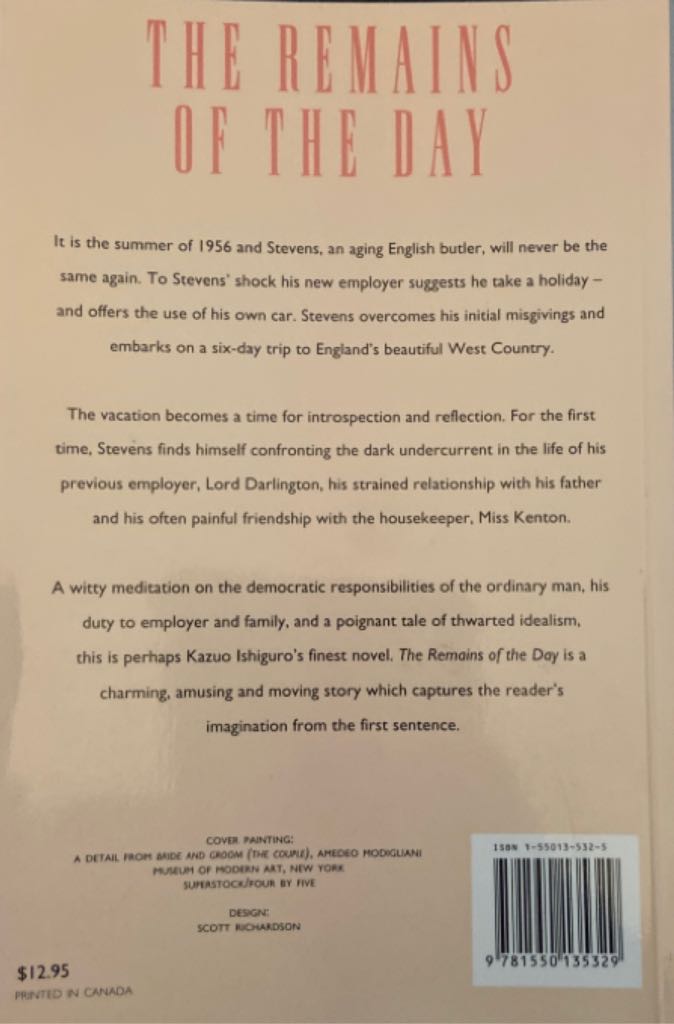 The Remains of the Day - Kazuo Ishiguro (Lester & Orpen Dennys - Paperback) book collectible [Barcode 9781550135329] - Main Image 2