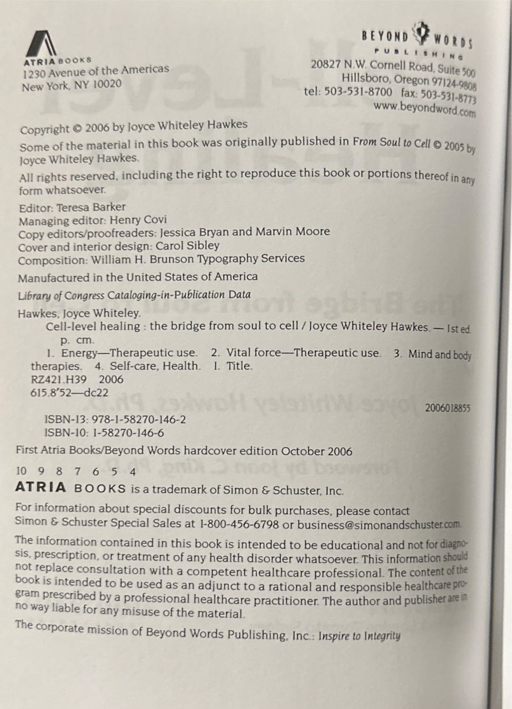 Cell-Level Healing; The Bridge from Soul to Cell - Joyce Whiteley Hawkes (Beyond words - Hardcover) book collectible [Barcode 9781582701462] - Main Image 4