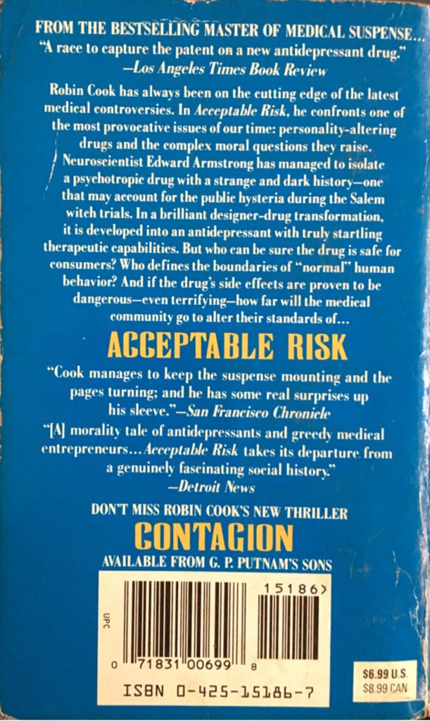 Acceptable Risk - Robin Cook (Berkley Books - Paperback) book collectible [Barcode 9780425151860] - Main Image 2
