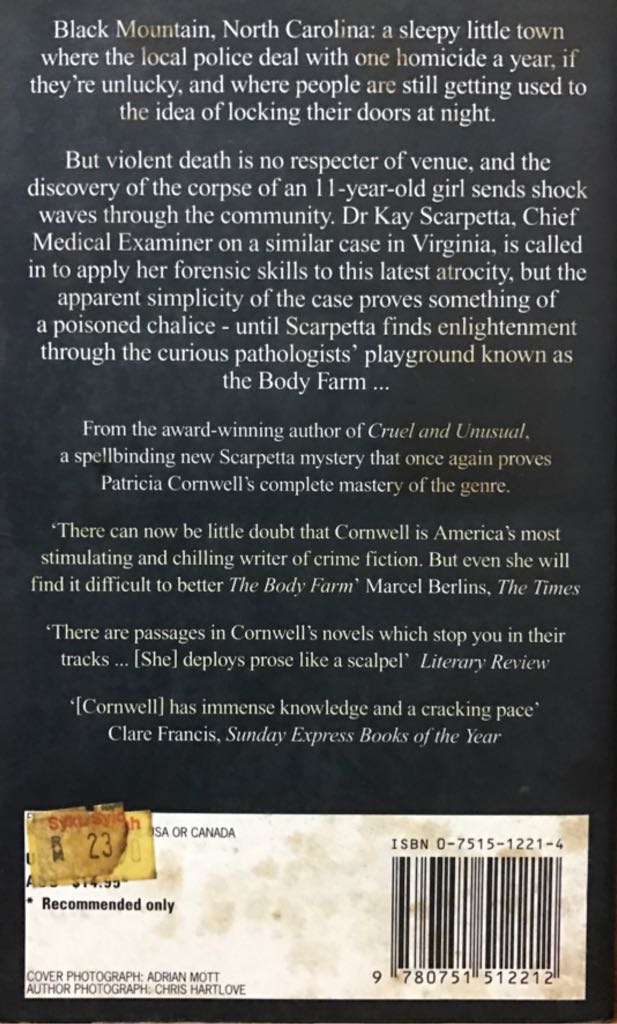 The Body Farm - Patricia Cornwell (Warner Books - Paperback) book collectible [Barcode 9780751512212] - Main Image 2