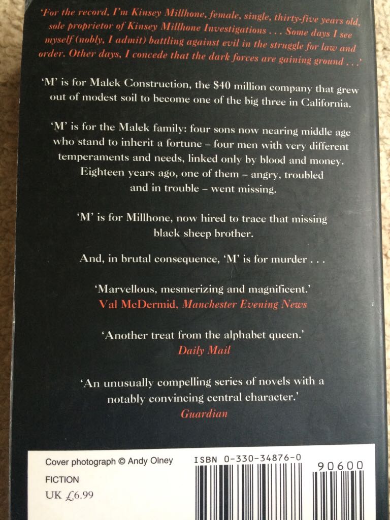 M is for Malice - Sue Grafton (Pan Books - Paperback) book collectible [Barcode 9780330348768] - Main Image 2
