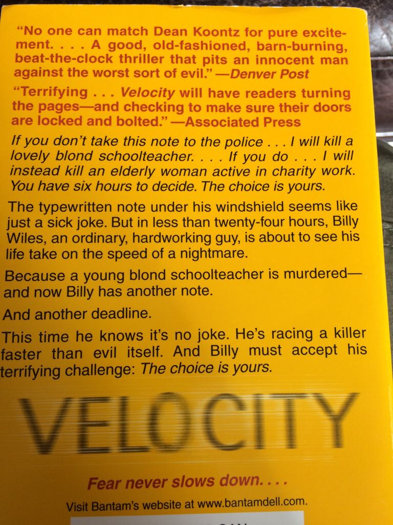 Velocity - Dean Koontz (Bantam - Paperback) book collectible [Barcode 9780553588255] - Main Image 2