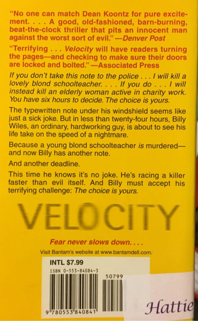 Velocity - Dean Koontz (Random House Digital, Inc. - Paperback) book collectible [Barcode 9780553840841] - Main Image 2