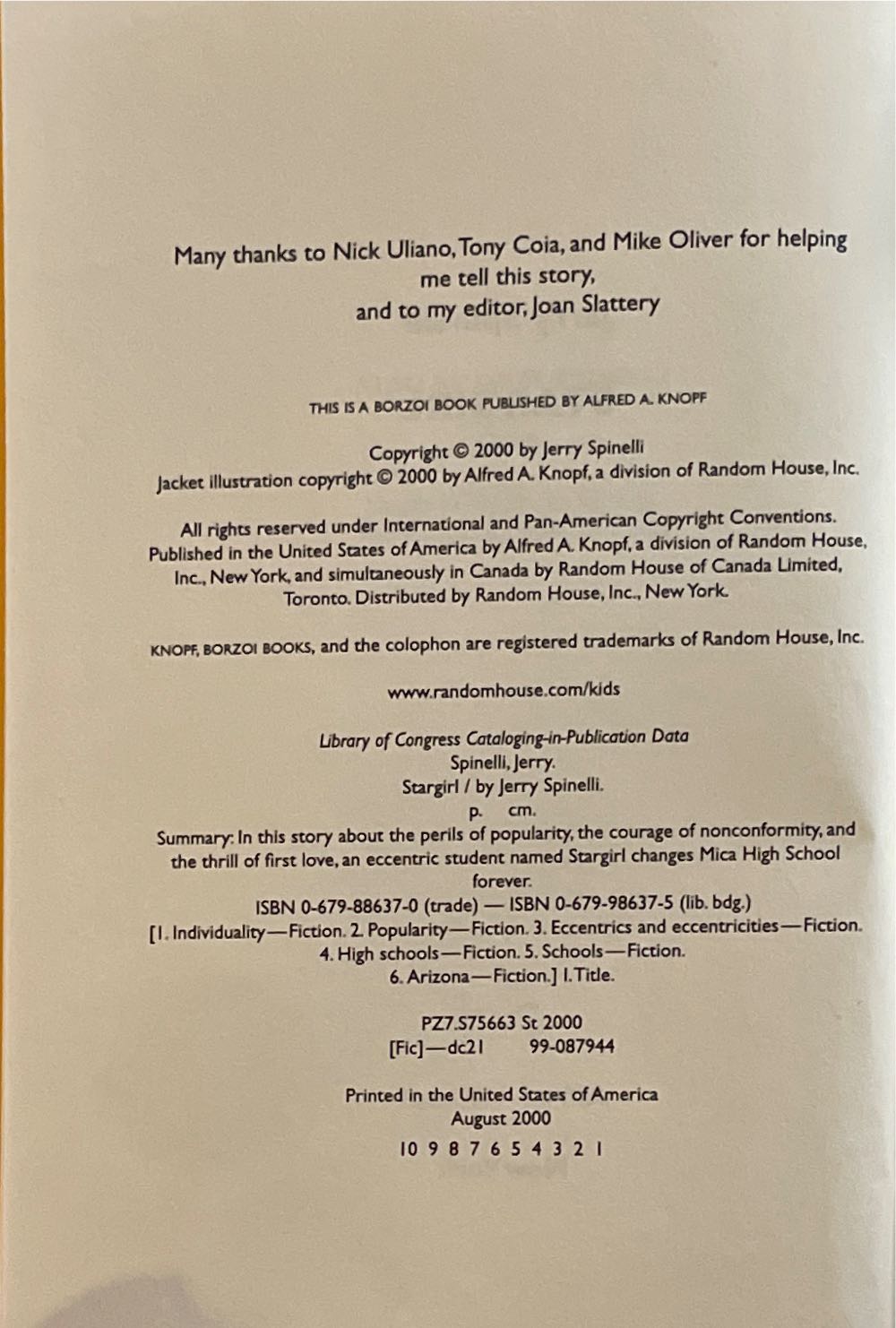 Stargirl - Jerry Spinelli (Alfred A. Knoff - Hardcover) book collectible [Barcode 9780679886372] - Main Image 2