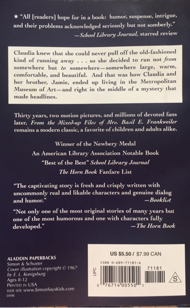 From the Mixed-up Files of Mrs. Basil E. Frankweiler - E. L. Konigsburg (Alladin Paperbacks - Paperback) book collectible [Barcode 9780689711817] - Main Image 2