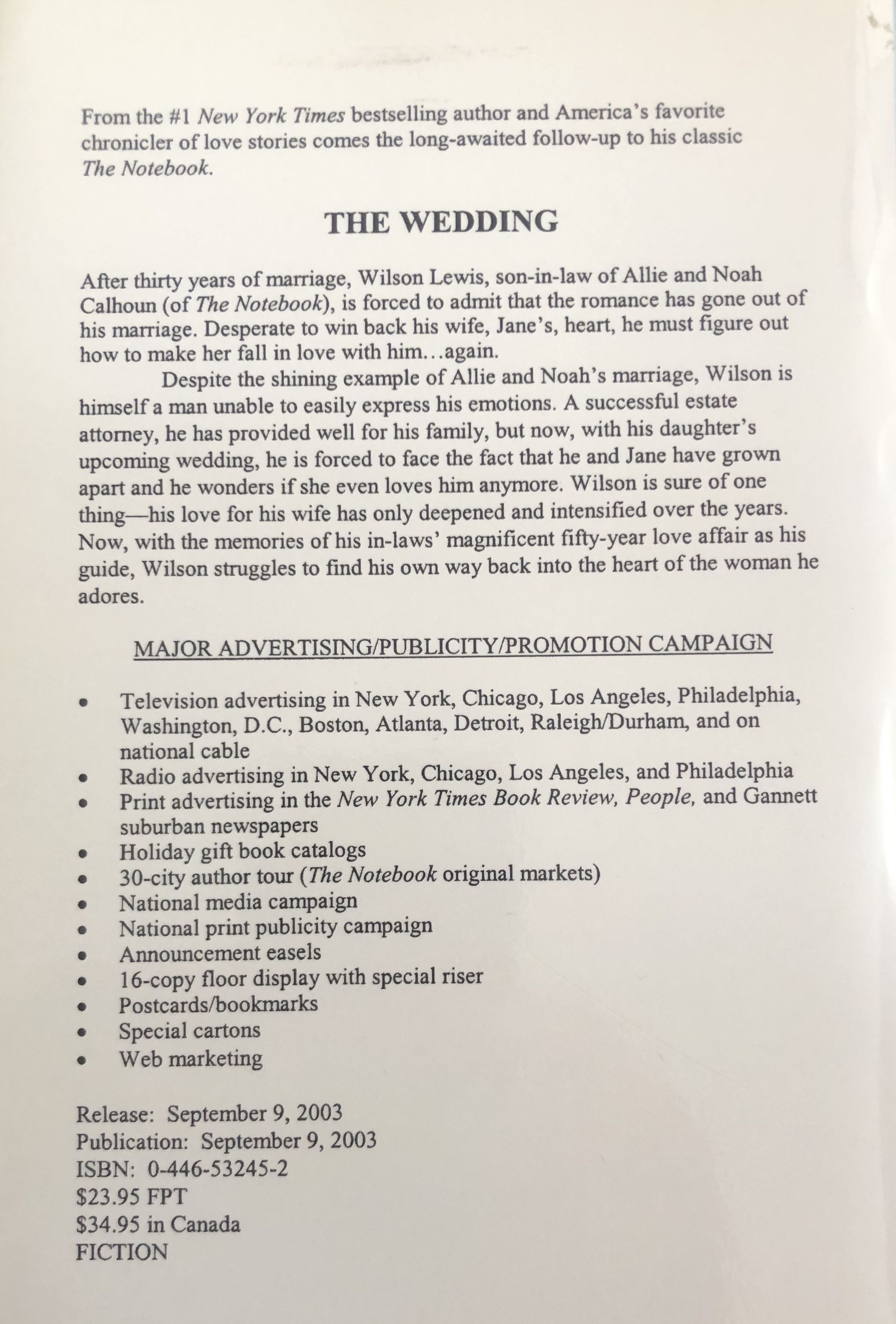 The Wedding - Nicholas Sparks (Paperback) book collectible [Barcode 0446532452] - Main Image 2