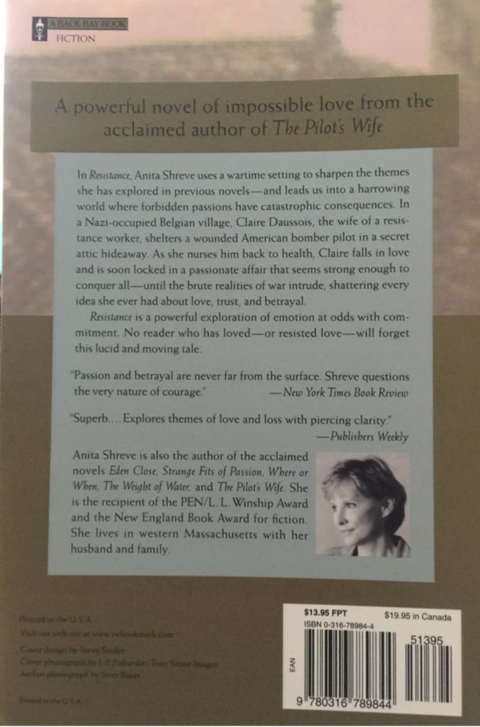 Resistance - Anita Shreve (Little, Brown and Company - Trade Paperback) book collectible [Barcode 9780316789844] - Main Image 2