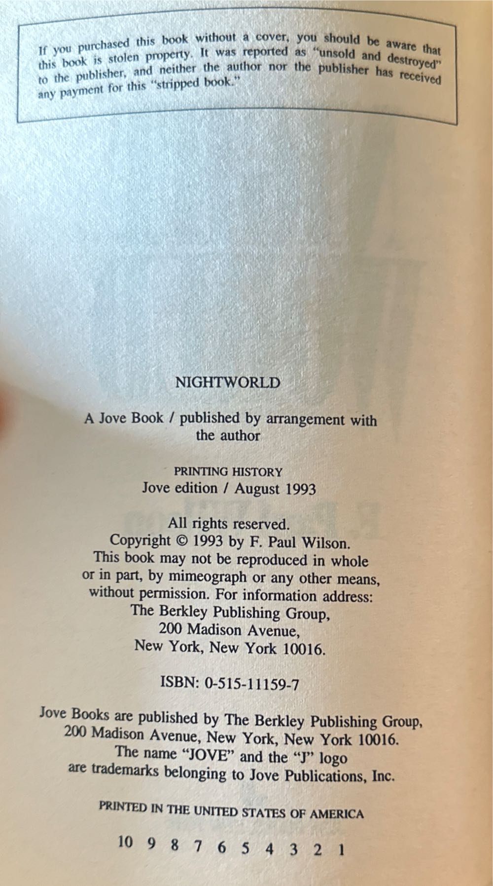 Nightworld - F. Paul Wilson (Jove Publishing - Paperback) book collectible [Barcode 9780515111590] - Main Image 3