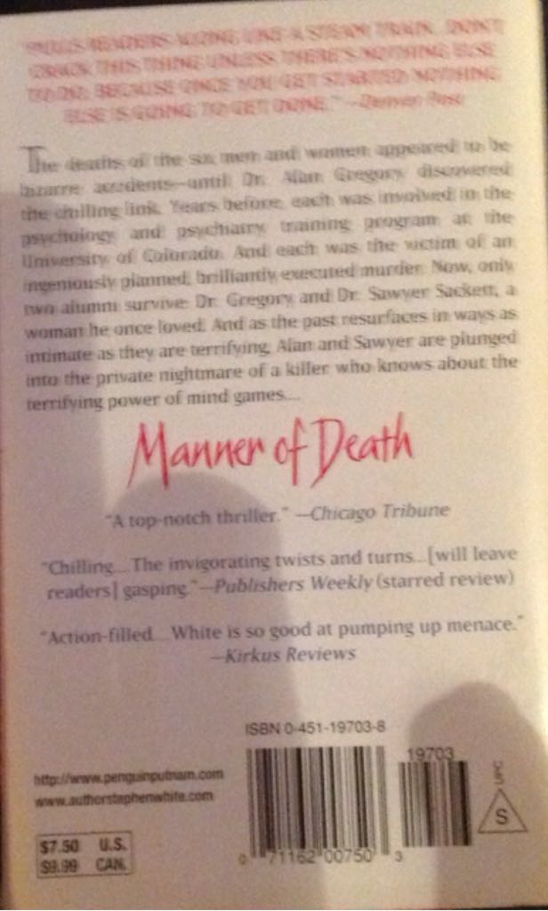 Manner of Death - Stephen White (Signet Book - Paperback) book collectible [Barcode 9780451197030] - Main Image 2