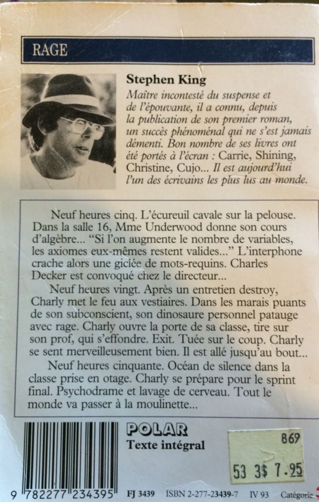 Rage - Stephen King (J’ai Lu - Hardcover) book collectible [Barcode 9782277234395] - Main Image 2
