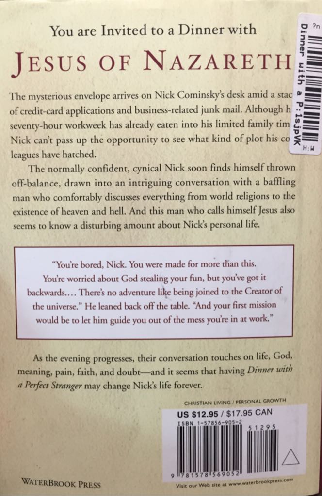 Dinner With A Perfect Stranger - David Gregory (WaterBrook Press - Hardcover) book collectible [Barcode 9781578569052] - Main Image 2