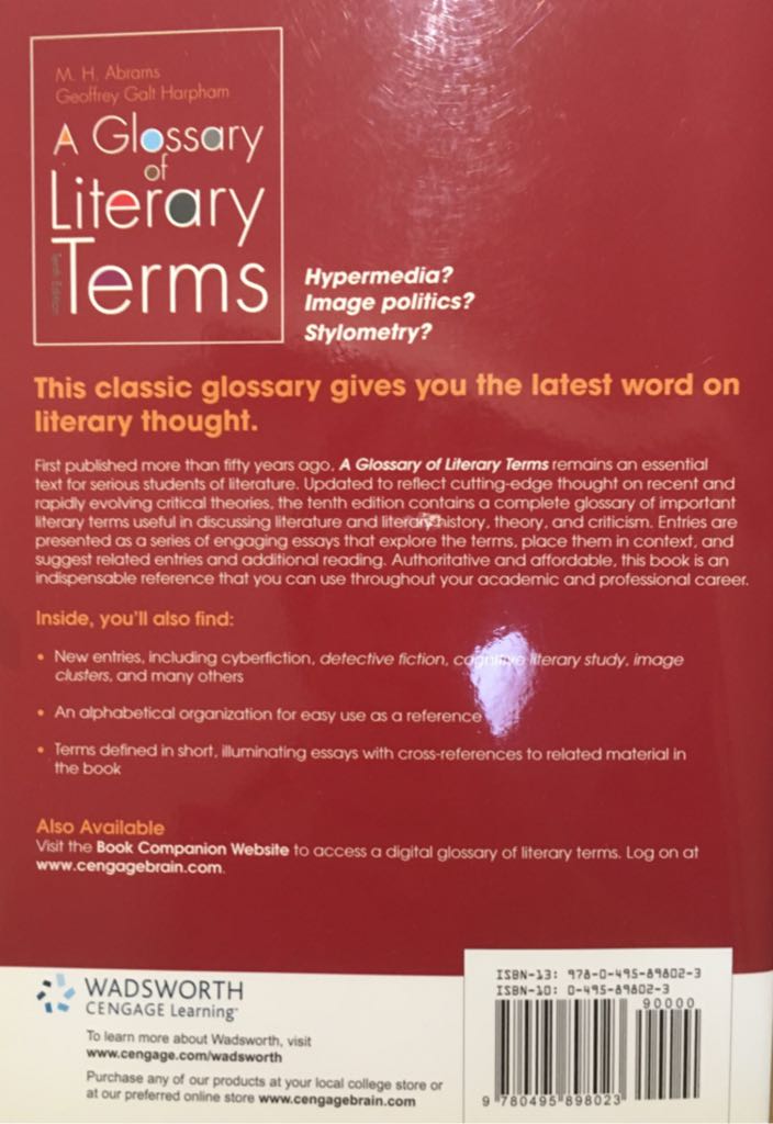 A Glossary of Literary Terms - H. Abrams (Wadsworth Cengage Learning - Paperback) book collectible [Barcode 9780495898023] - Main Image 2