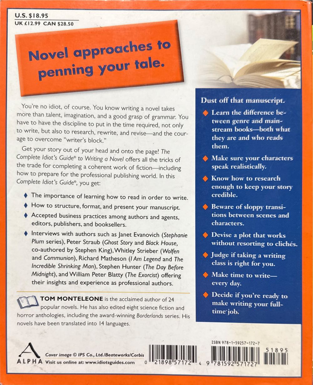 The Complete Idiot’s Guide to Writing a Novel - Tom Monteleone (Alpha - Paperback) book collectible [Barcode 9781592571727] - Main Image 2