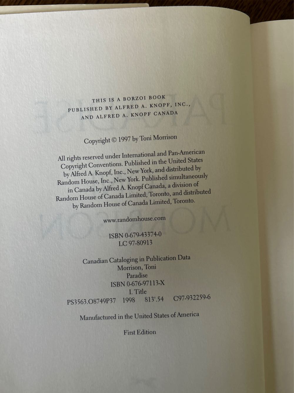 Paradise - Toni Morrison (Knopf - Hardcover) book collectible [Barcode 9780679433743] - Main Image 3