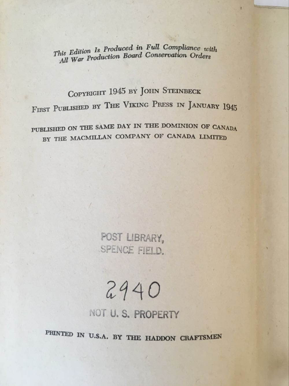Cannery Row - John Steinbeck (New York: The Viking Press - Hardcover) book collectible [Barcode 9780941425001] - Main Image 2