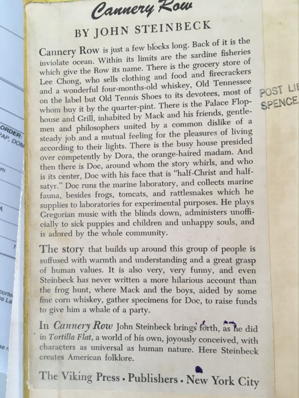 Cannery Row - John Steinbeck (New York: The Viking Press - Hardcover) book collectible [Barcode 9780941425001] - Main Image 4