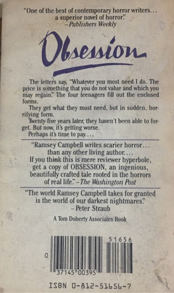 Obsession - Ramsey Campbell (Tor - Paperback) book collectible [Barcode 9780812516562] - Main Image 2