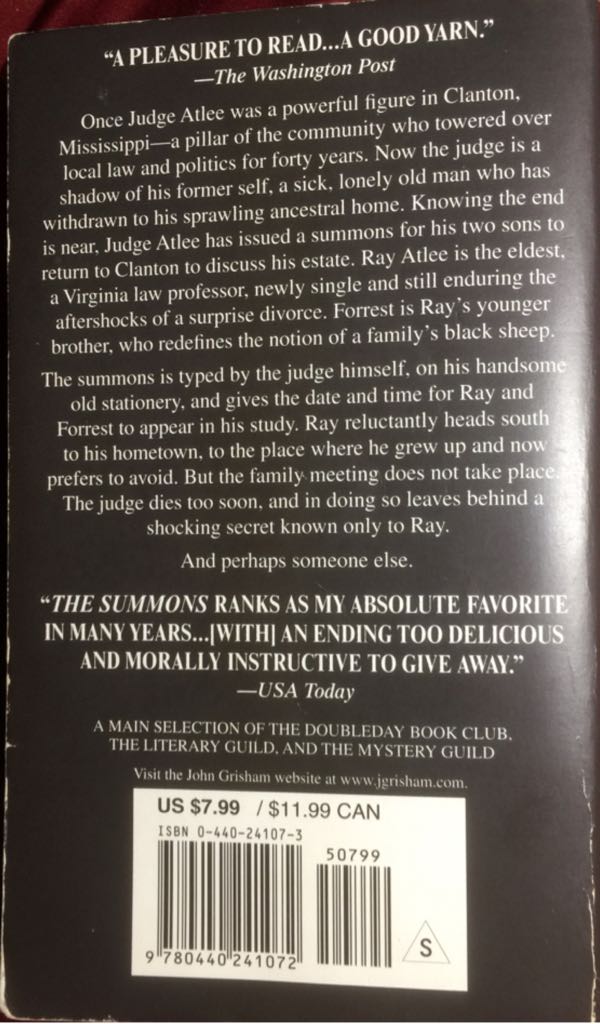 Summons, The - John Grisham (NO - Paperback) book collectible [Barcode 9780440241072] - Main Image 2