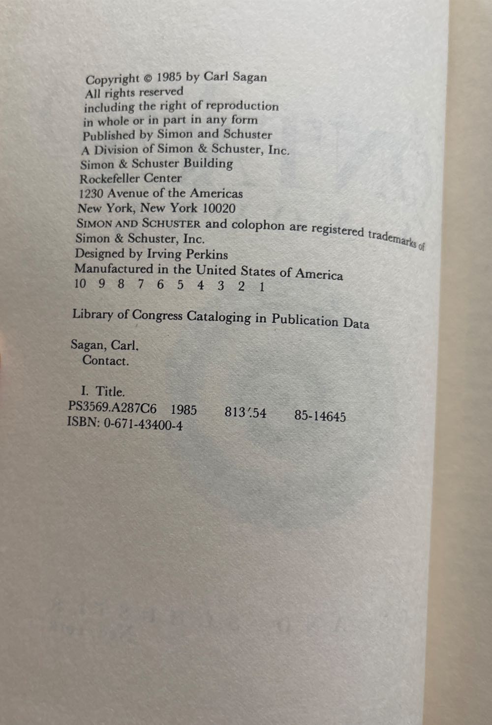 Contact - Carl Sagan (Simon and Schuster - Hardcover) book collectible [Barcode 9780671434007] - Main Image 3