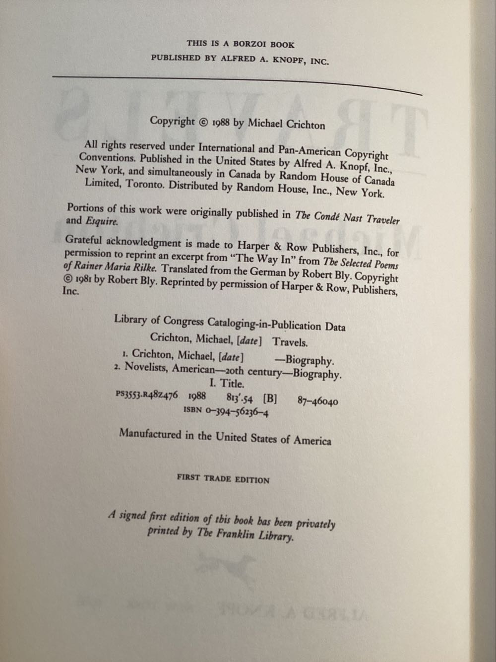 Travels - Michael Crichton (Alfred a Knopf Incorporated - Hardcover) book collectible [Barcode 9780394562360] - Main Image 2