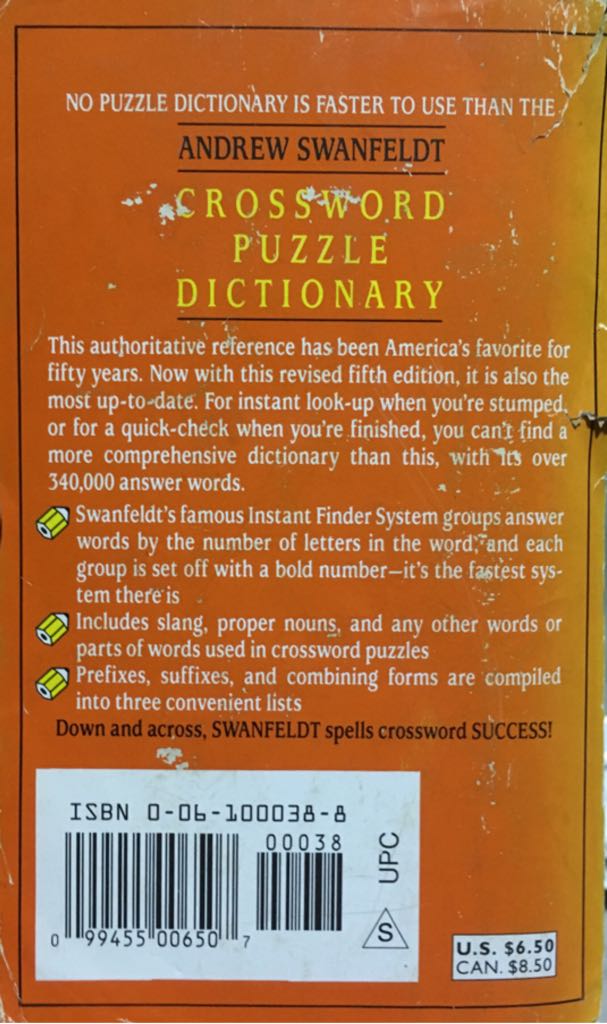 Crossword Puzzle Dictionary - Andrew Swanfeldt (Harper Paperbacks - Paperback) book collectible [Barcode 9780061000386] - Main Image 2