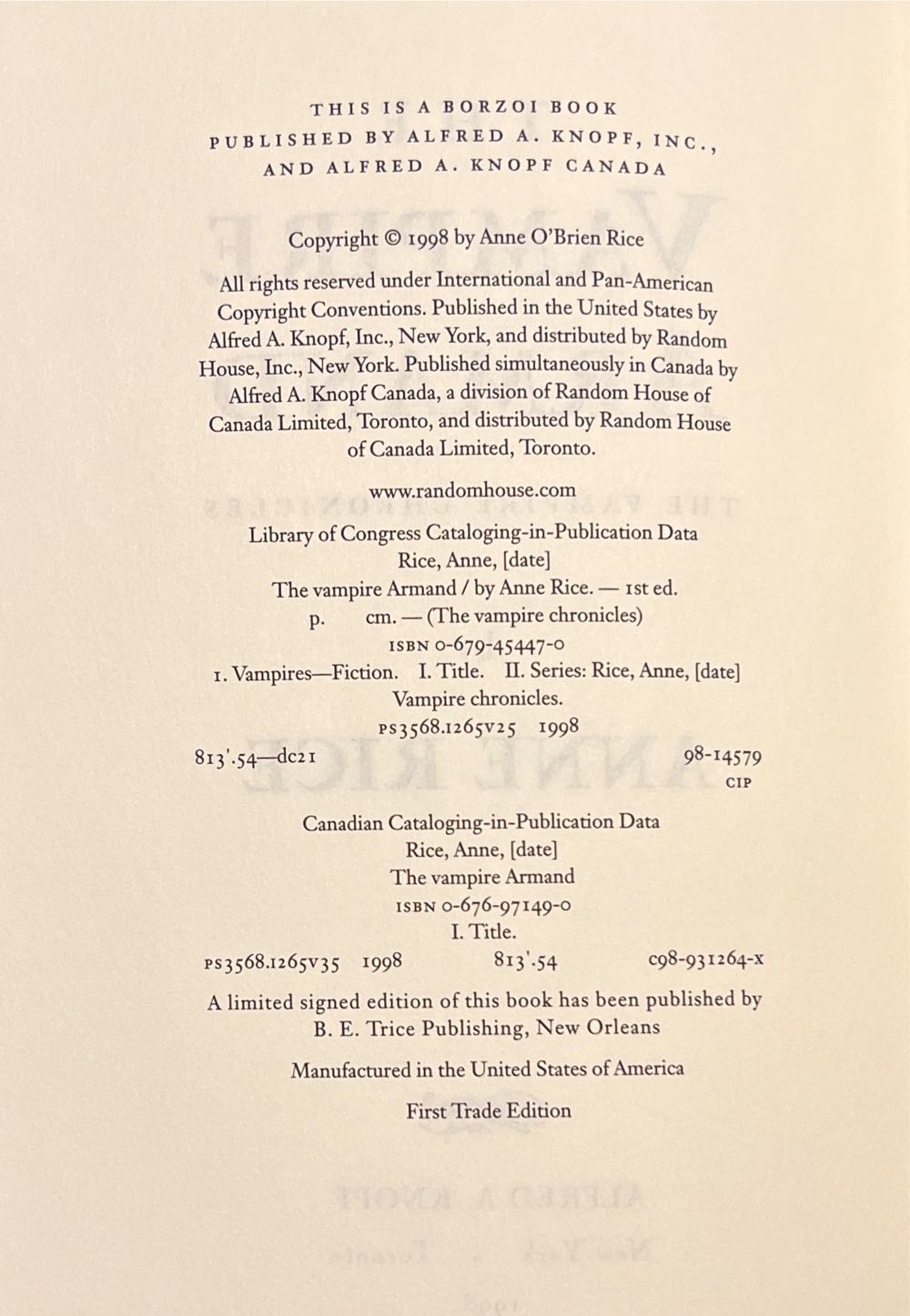 The Vampire Armand - Anne Rice (Alfred A. Knopf - Hardcover) book collectible [Barcode 9780679454472] - Main Image 3