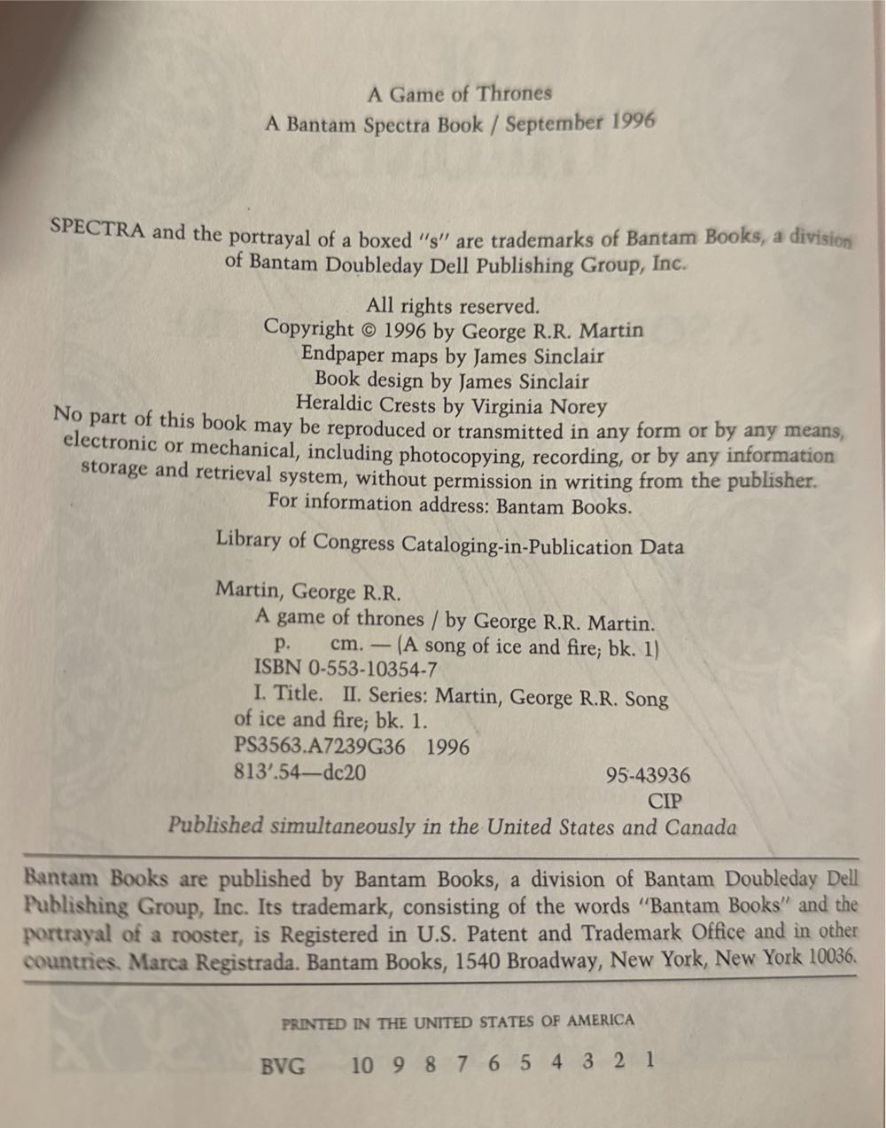 Song Of Fire And Ice 01: A Game Of Thrones - George R. R. Martin (Bantam - Hardcover) book collectible [Barcode 9780553103540] - Main Image 5