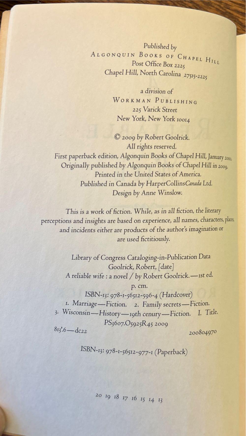 A Reliable Wife - Robert Goolrick (Algonquin Books - Trade Paperback) book collectible [Barcode 9781565129771] - Main Image 3