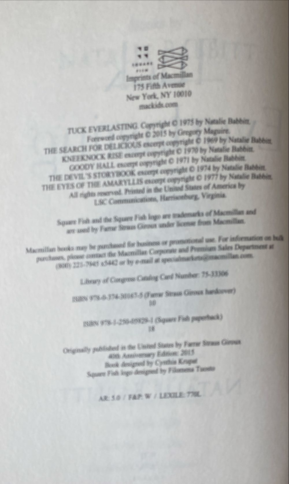 Tuck Everlasting - Natalie Babbitt (Macmillan - Hardcover) book collectible [Barcode 9780374301675] - Main Image 2