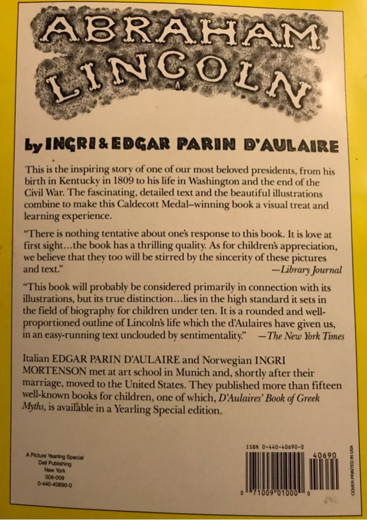 Abraham Lincoln - Ingri & Edgar Parin D’Aulaire (Bantam Doubleday Dell Books For Young Readers - Paperback) book collectible [Barcode 9780440406907] - Main Image 2