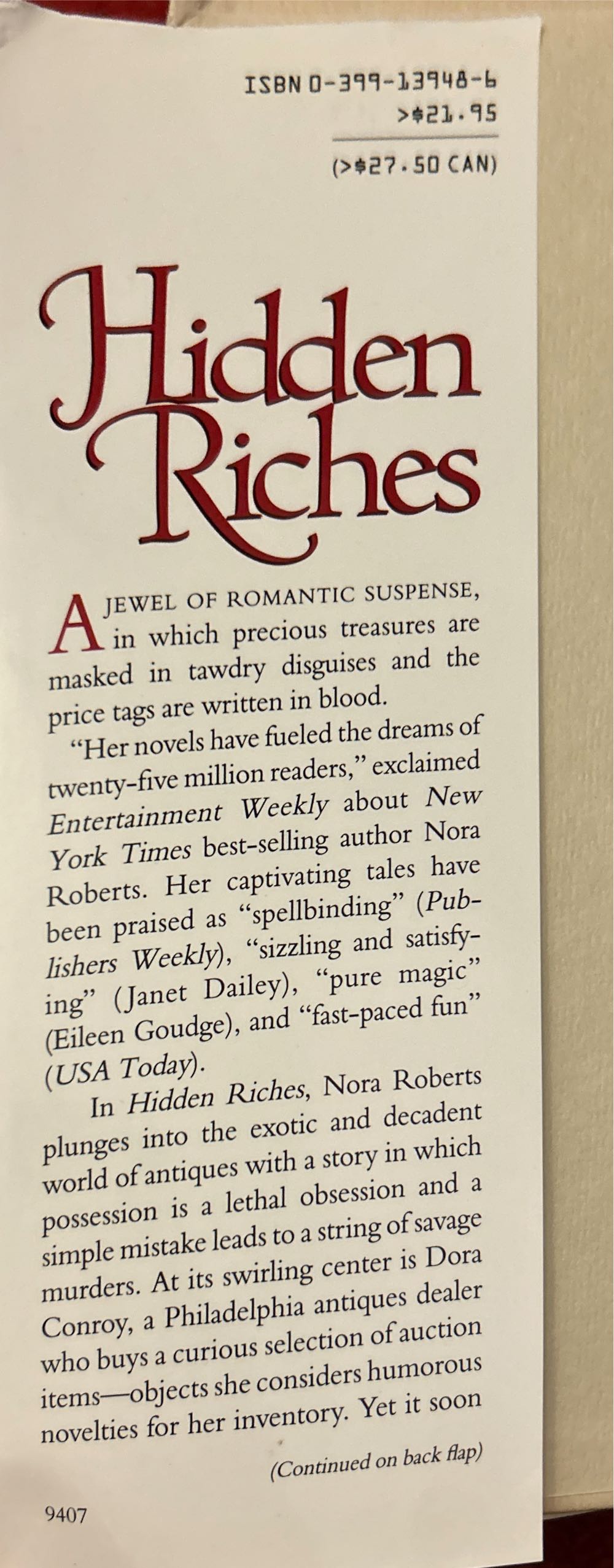 Hidden Riches - Nora Roberts (Jove - Hardcover) book collectible [Barcode 9780399139482] - Main Image 2