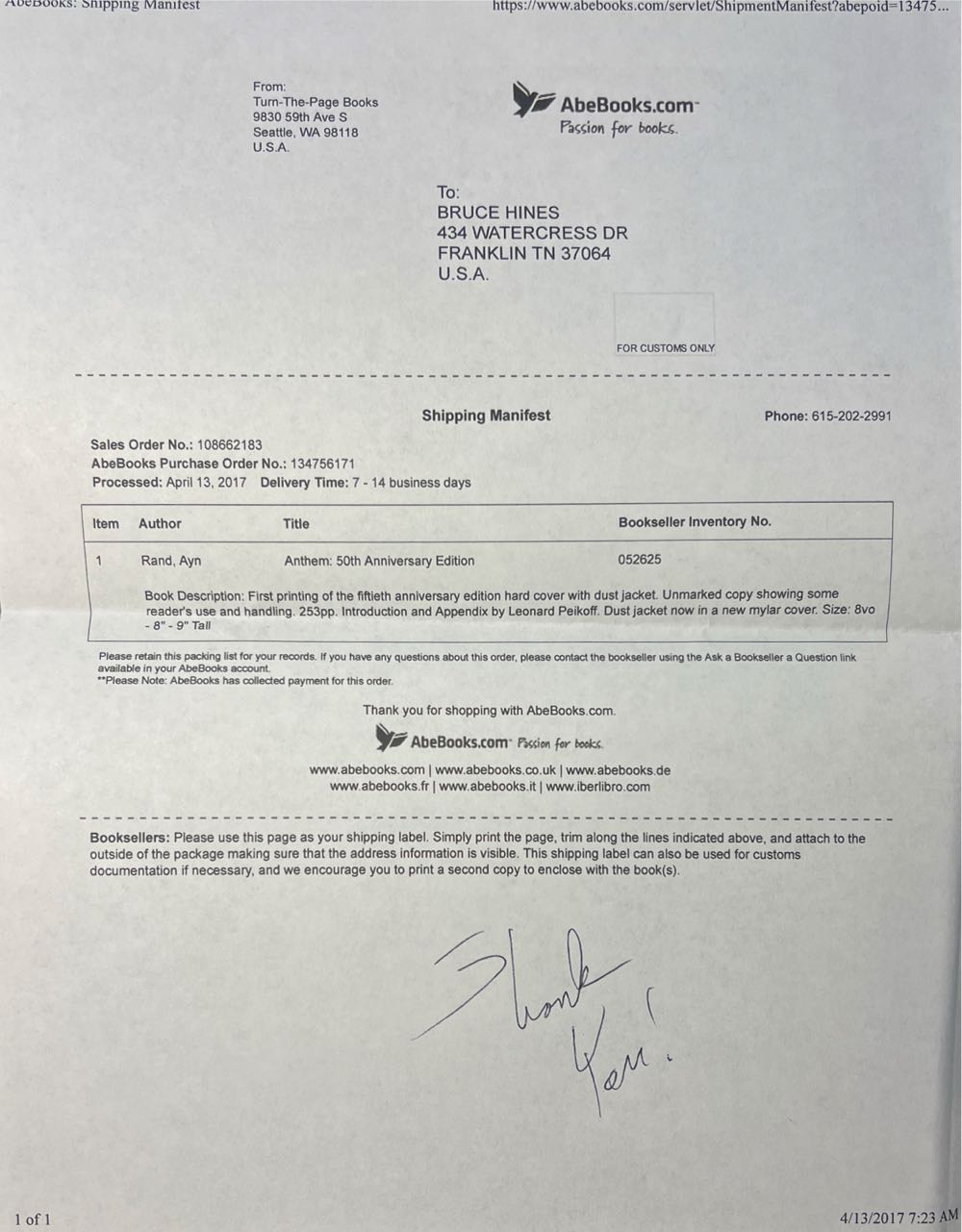 Anthem; 50Th Anniversary Edition - Ayn Rand (A Dutton Book - Hardcover) book collectible [Barcode 9780525940159] - Main Image 5