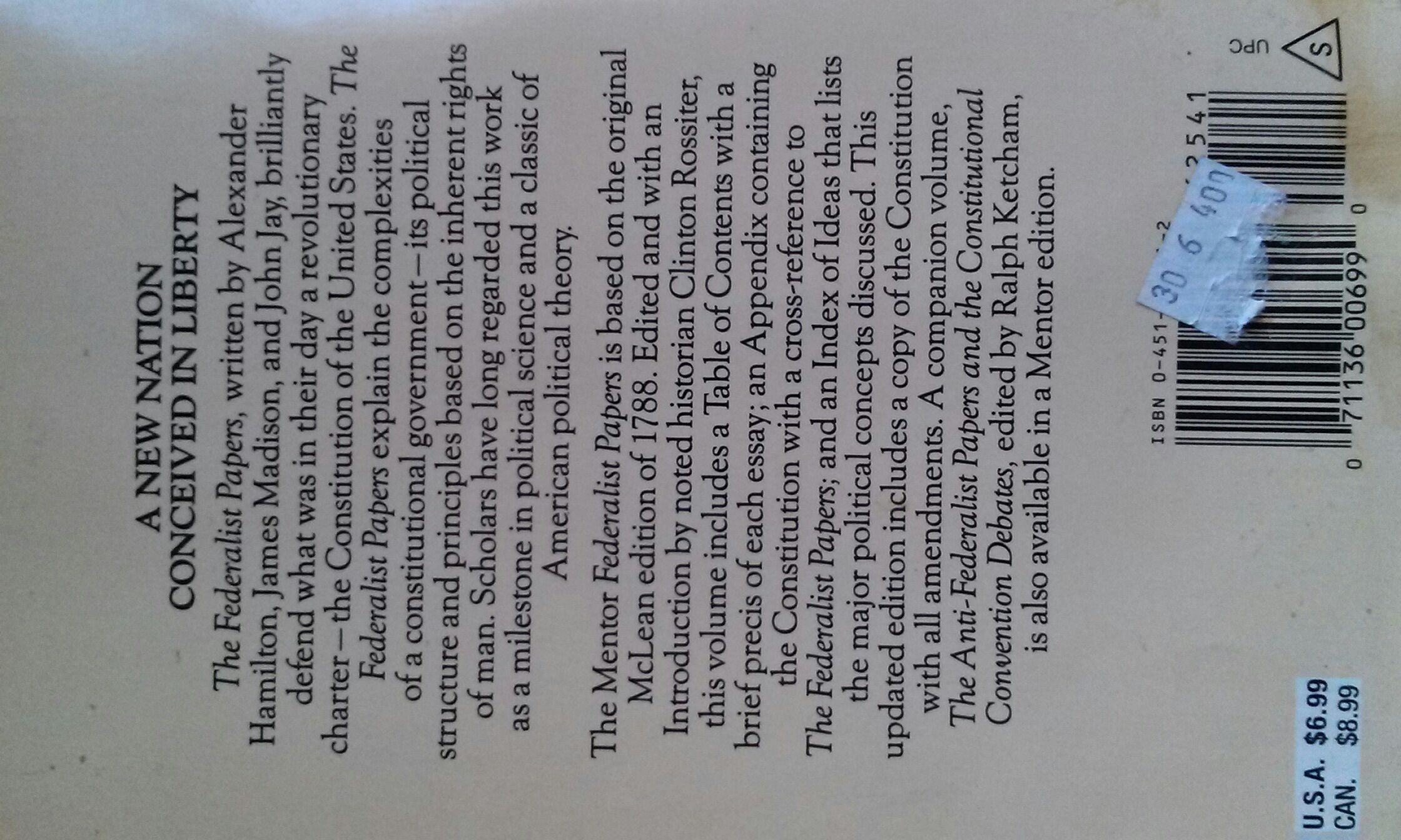 The Federalist Papers - James Madison (A Mentor Book) book collectible [Barcode 071136006990] - Main Image 2