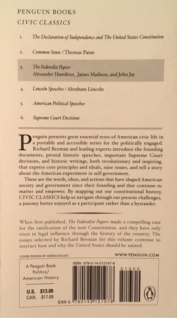 The Federalist Papers - James Madison (Penguin Paperbacks - Paperback) book collectible [Barcode 9780143121978] - Main Image 2