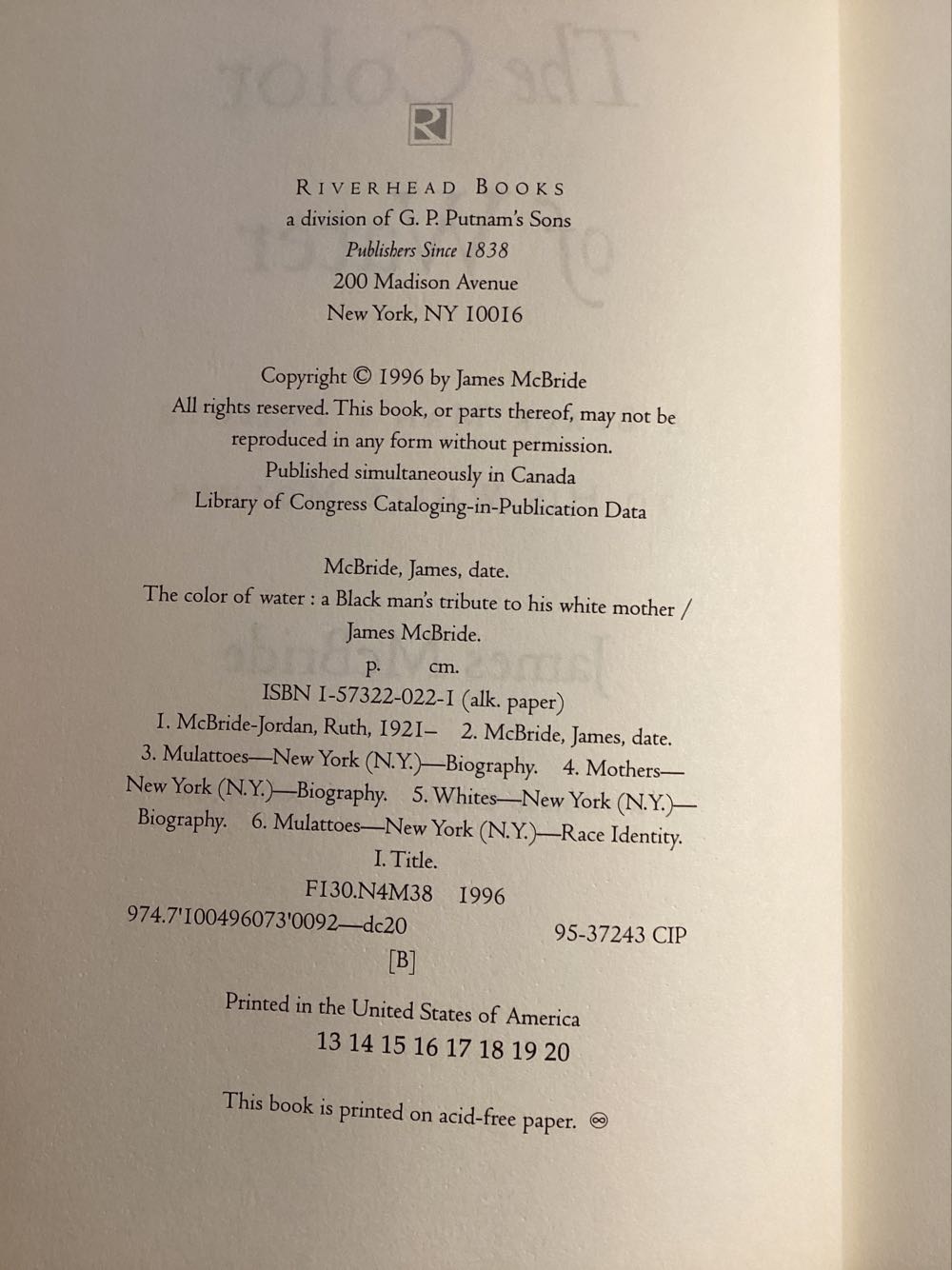 The Color Of Water - James Mc Bride (Riverhead Books (Hardcover) - Hardcover) book collectible [Barcode 9781573220224] - Main Image 2