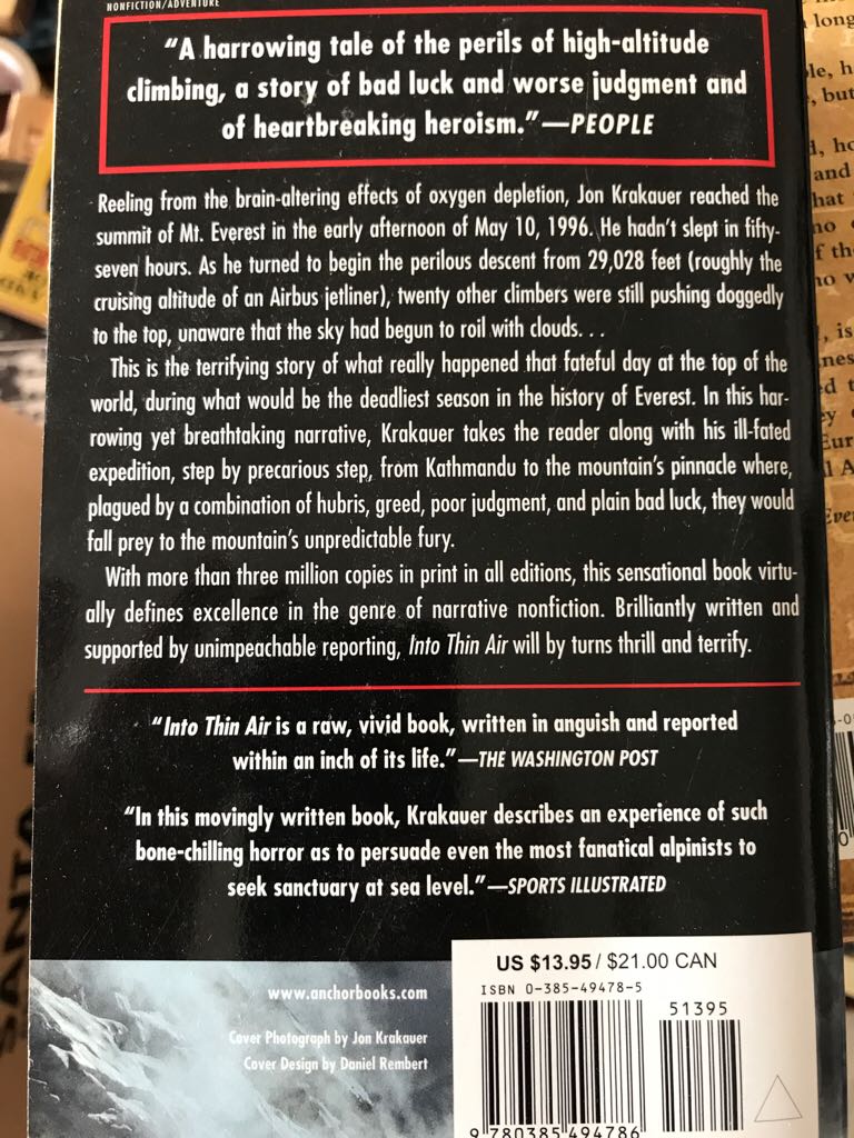 Into Thin Air - Jon Krakauer (Anchor Books - Paperback) book collectible [Barcode 9780385494786] - Main Image 2