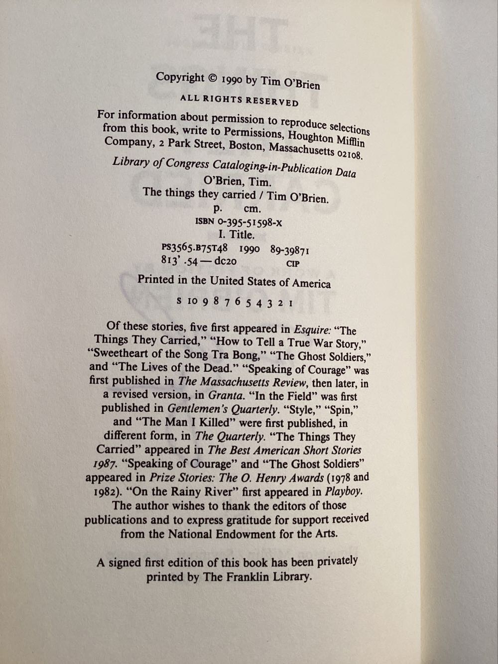 The Things They Carried - Tim O’Brien (Houghton Miflin/ Seymorur Lawwrence - Hardcover) book collectible [Barcode 9780395515983] - Main Image 3