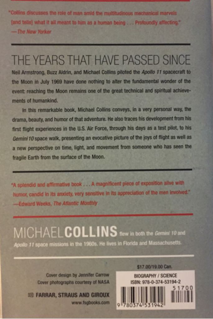 Carrying The Fire - Michael Collins (FSG - Trade Paperback) book collectible [Barcode 9780374531942] - Main Image 2