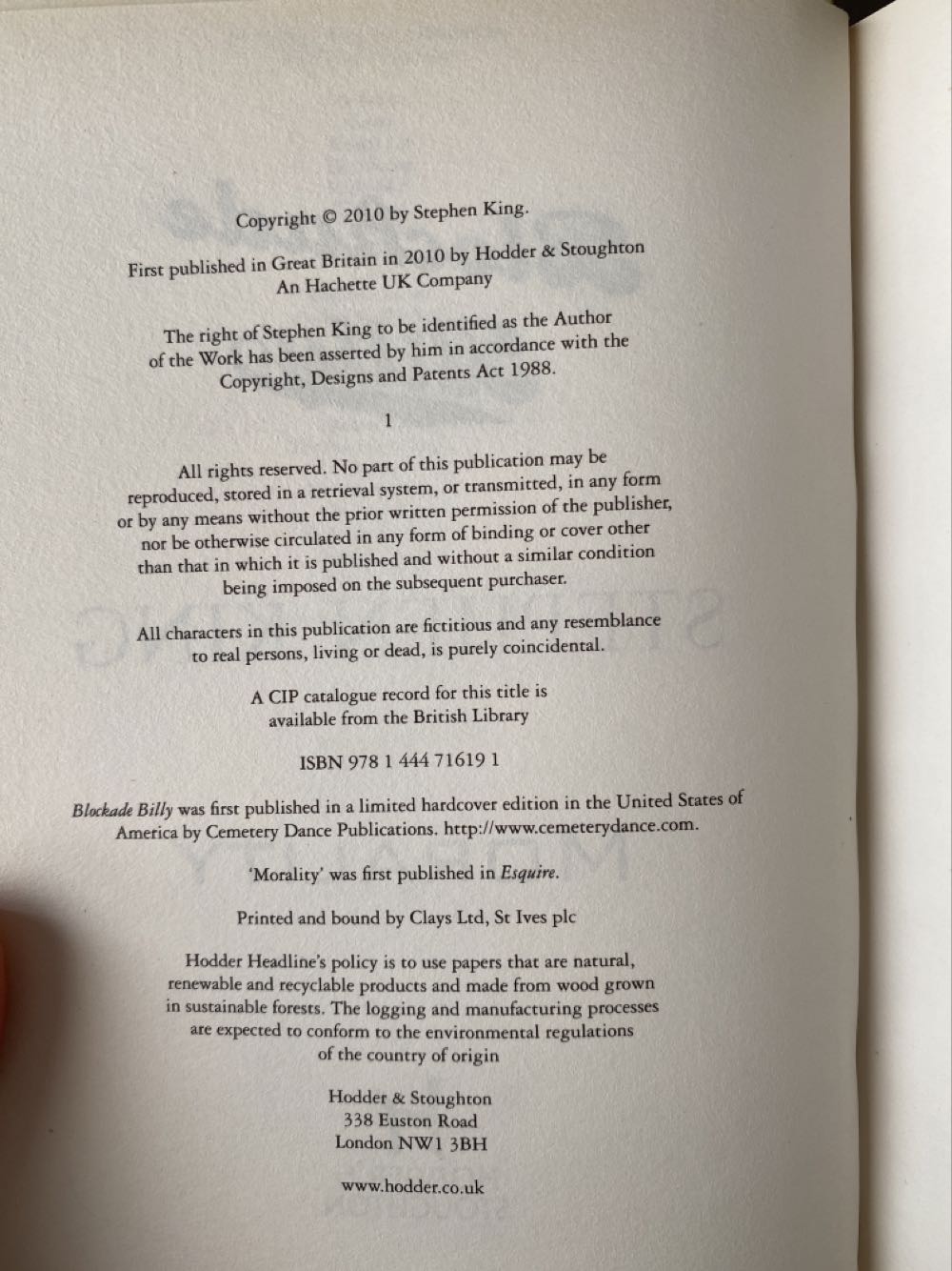 Blockade Billy - Stephen King (Hodder & Stoughton - Hardcover) book collectible [Barcode 9781444716191] - Main Image 3