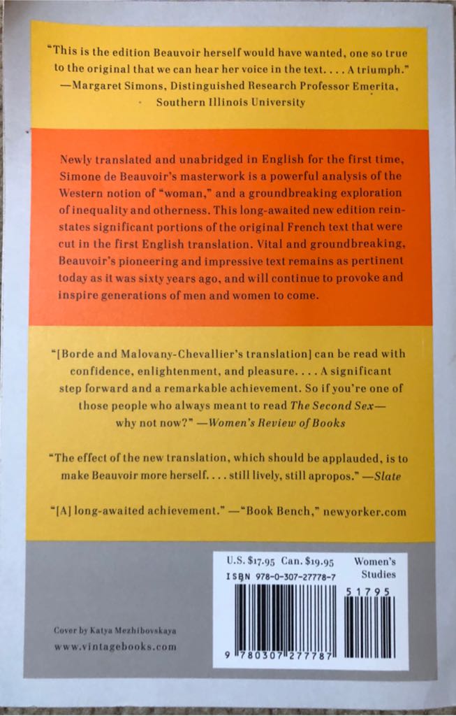 The Second Sex - Simone Beauvoir (Random House Digital, Inc. - Paperback) book collectible [Barcode 9780307277787] - Main Image 2